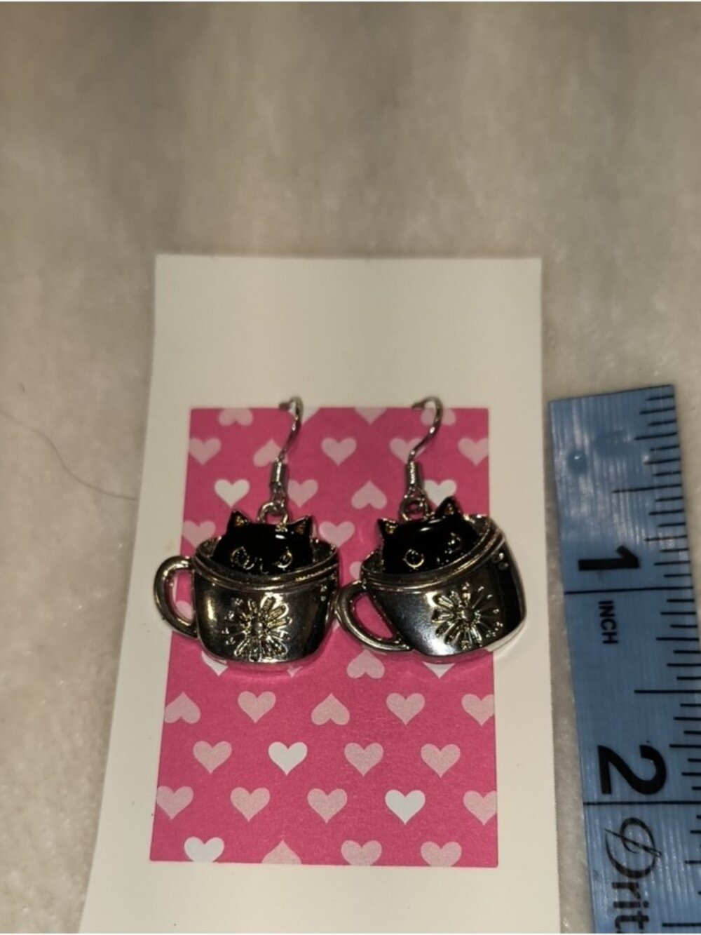 Silver Cat in Teacup Dangle Earrings - Silver